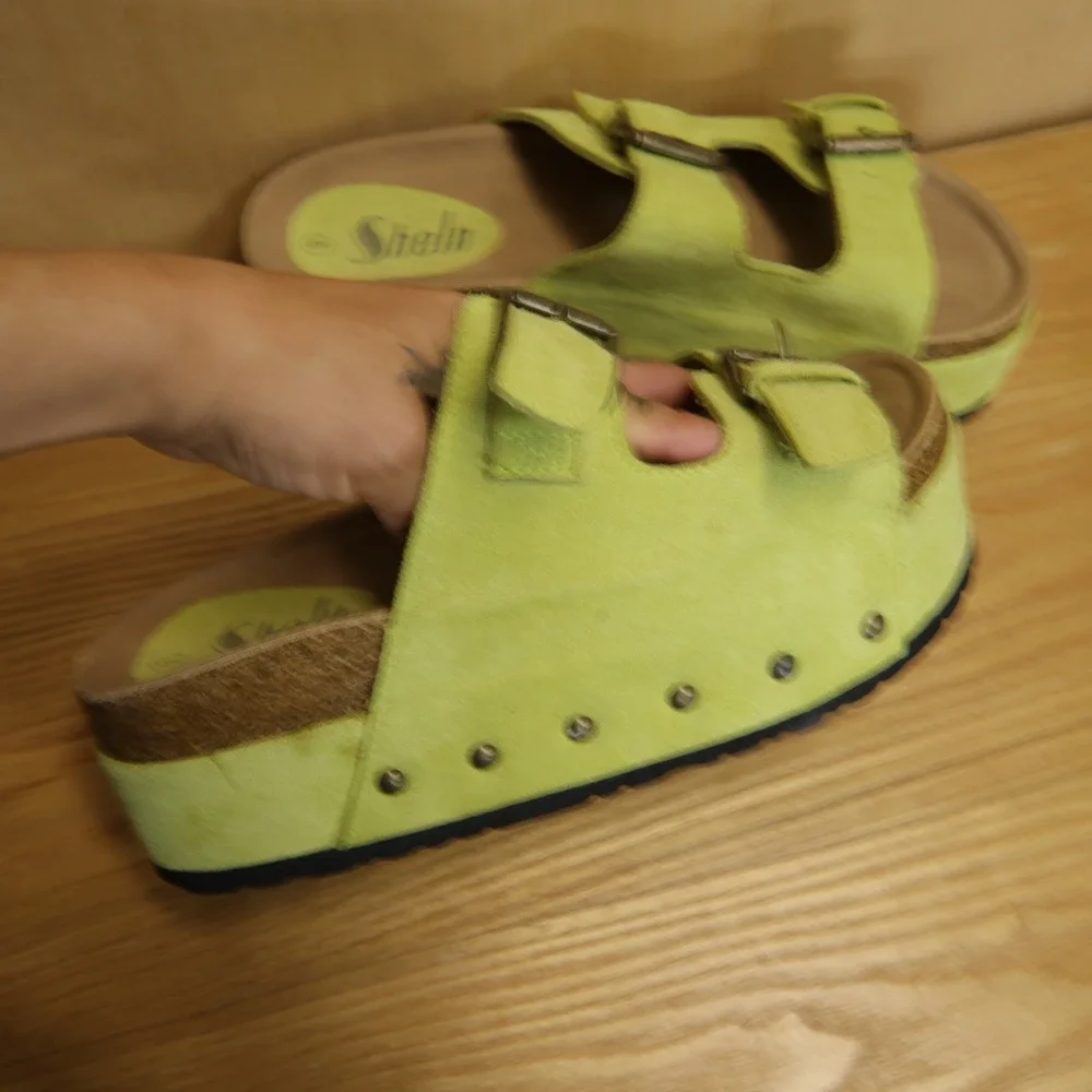 Shein Lime Green Faux Suede Platform Sandals Studded Double Strap Slides Size 9